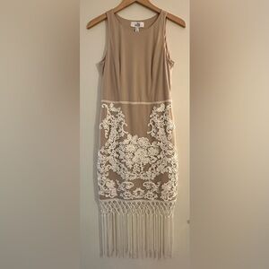 GORGEOUS Belle Badgley Mischa Midi Dress with lace overlay and fringe. Size 8.
